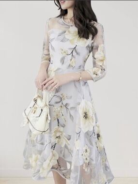 Elegant Woman’s Light Gray/Tan/Cream Floral A-Line Chiffon Dress White Trim-Sz L